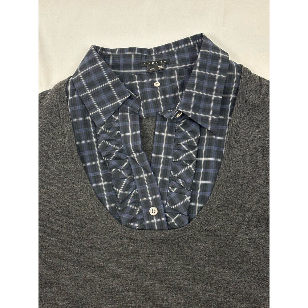 Theory Sweater Women's Medium Black Blue Plaid Ruffle Attached Shirt Collar Wool - Picture 6 of 13